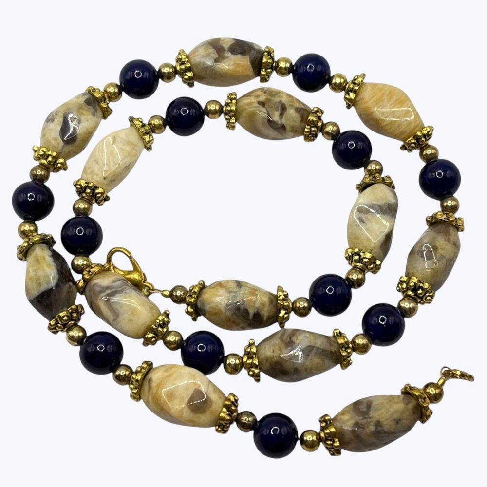Handmade Beaded Necklace Beige Agate Stone Gold Tone Blue Beads Artisan Jewelry